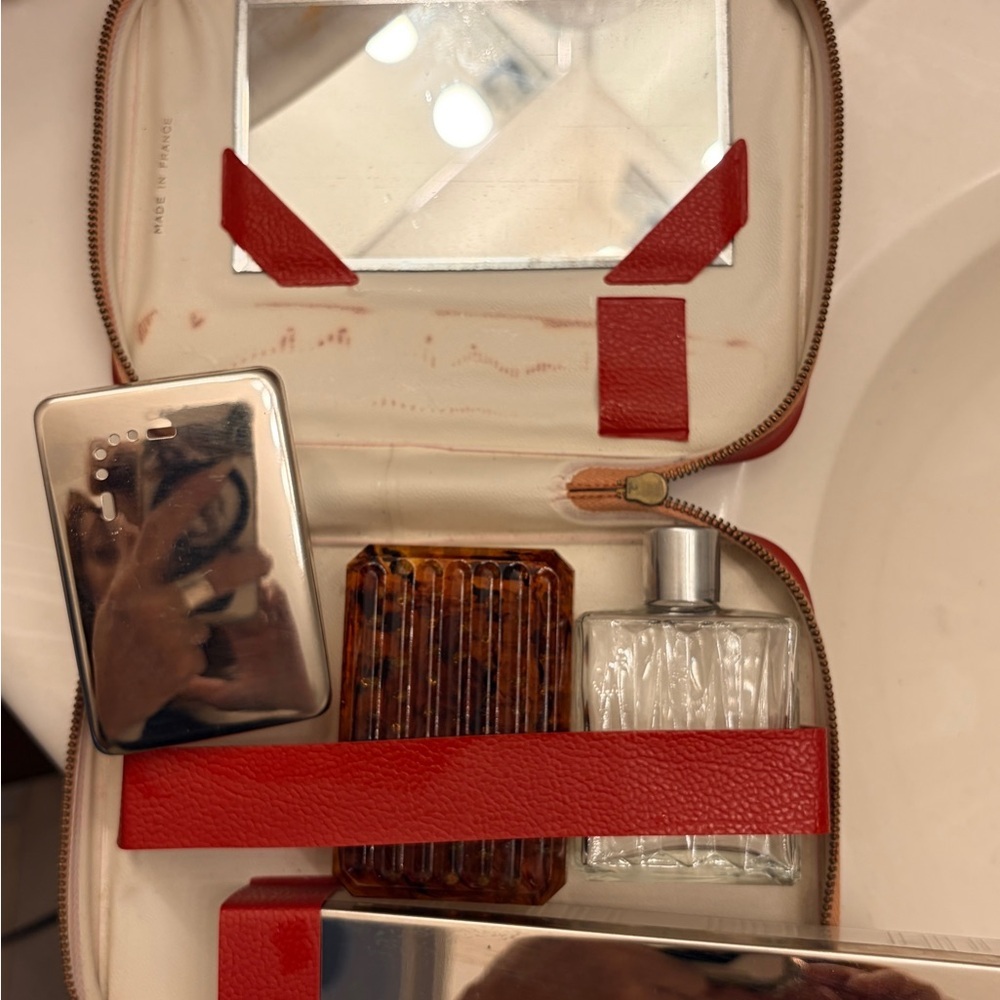 Vintage Red Leather Small toiletry Makeup Case with Mirror & accessories